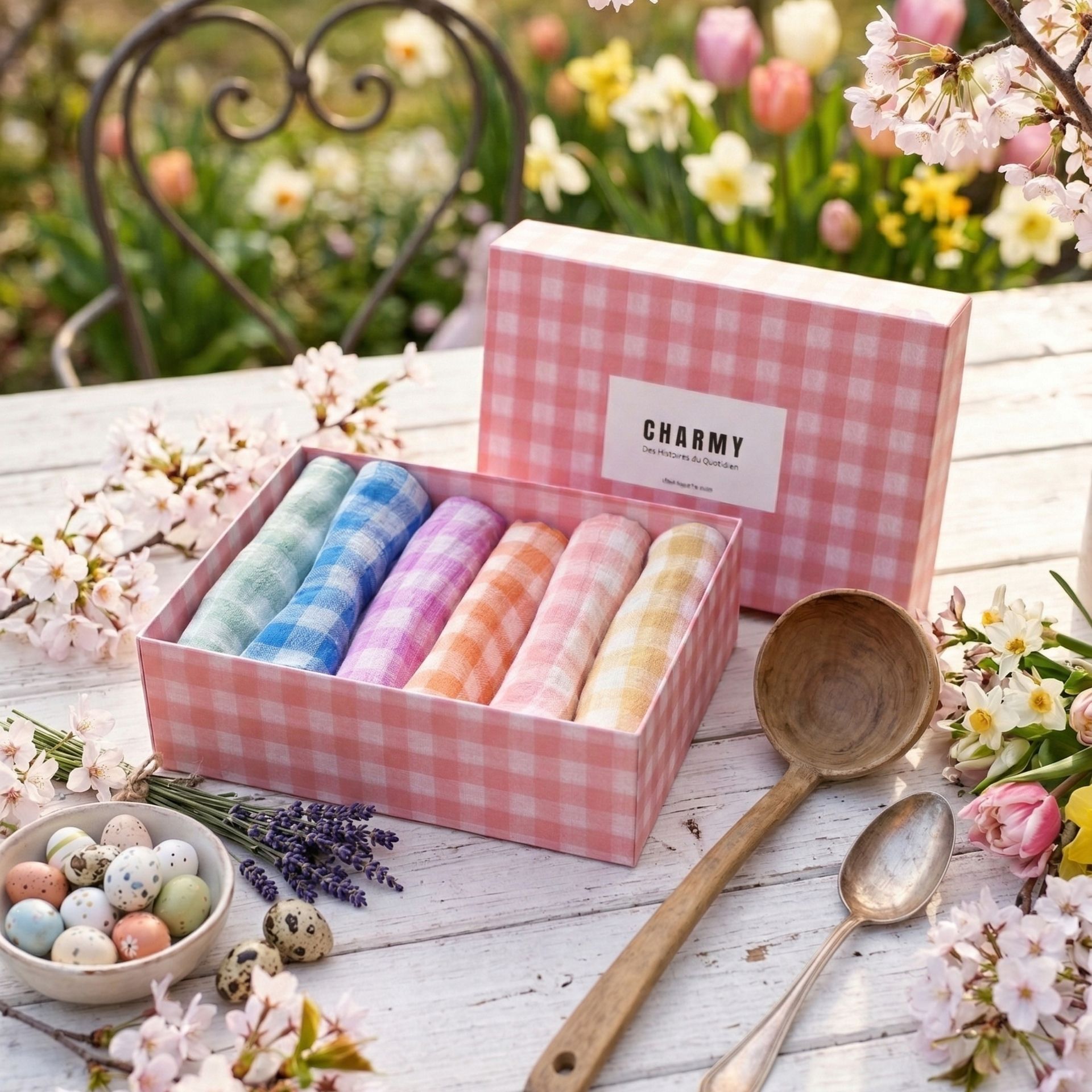 Coffret de 6 serviettes en gaze de coton vichy
