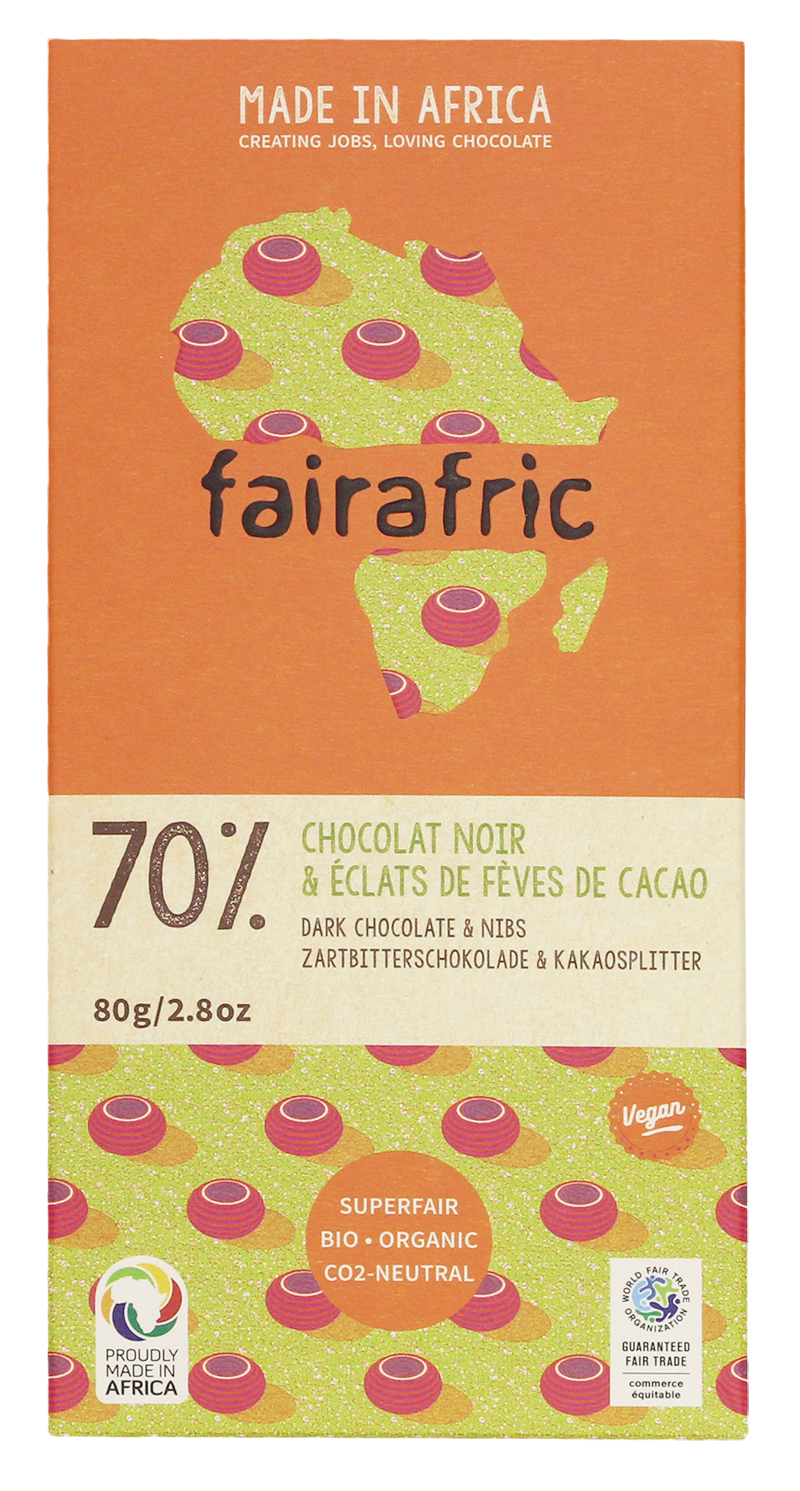 2213 – Chocolat FAIRAFRIC Noir 70% & pépites de cacao du Ghana, 80g